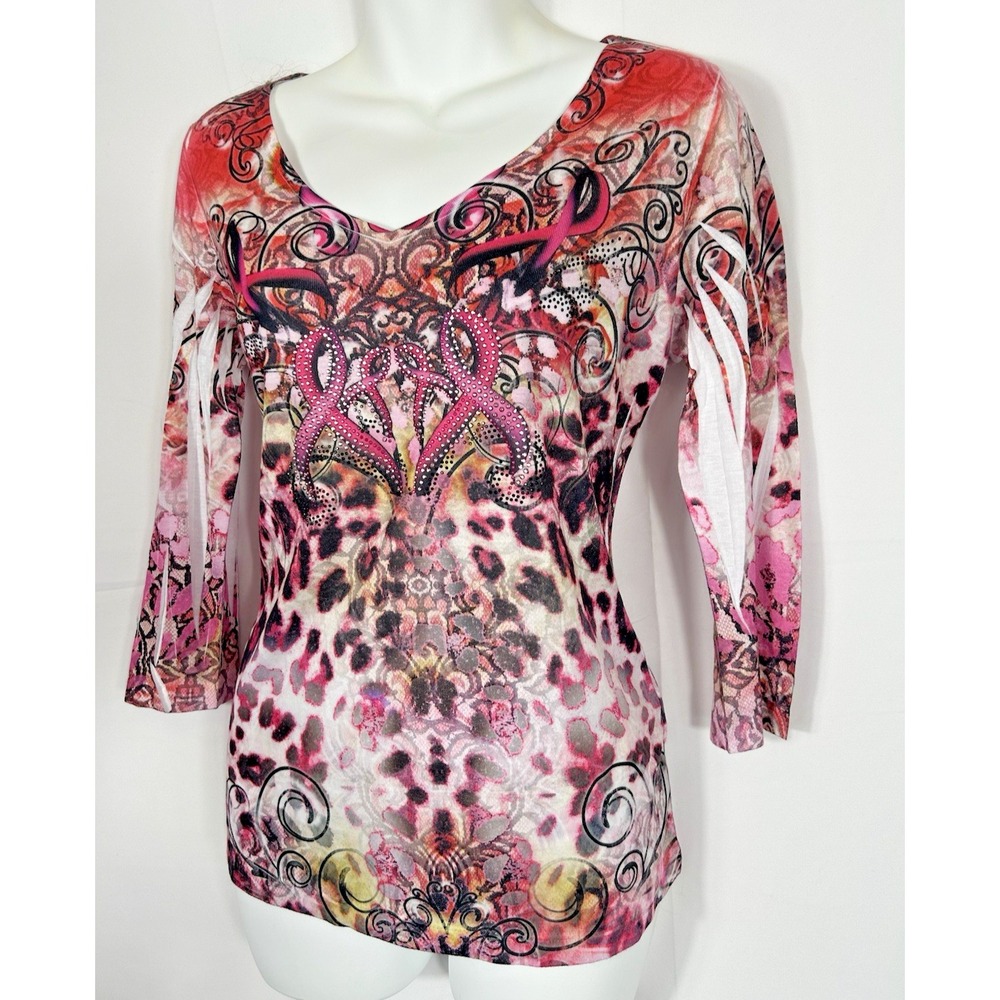 One World Breast Cancer‎ Pink Ribbon Top Size S Y2K Fairy Grunge Rhinestones